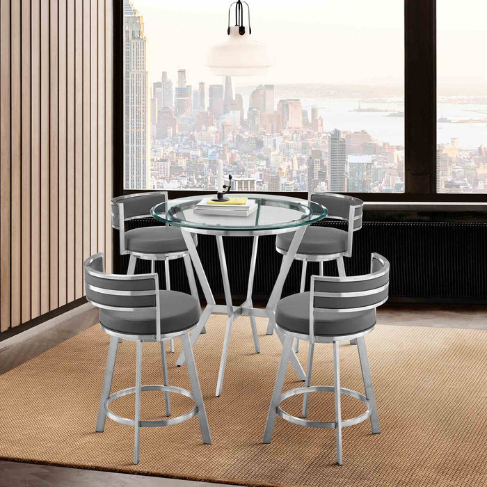 Naomi and Roman 5-Piece Counter Height Dining Set in Brushed Stainless Steel and Gray Faux Leather
