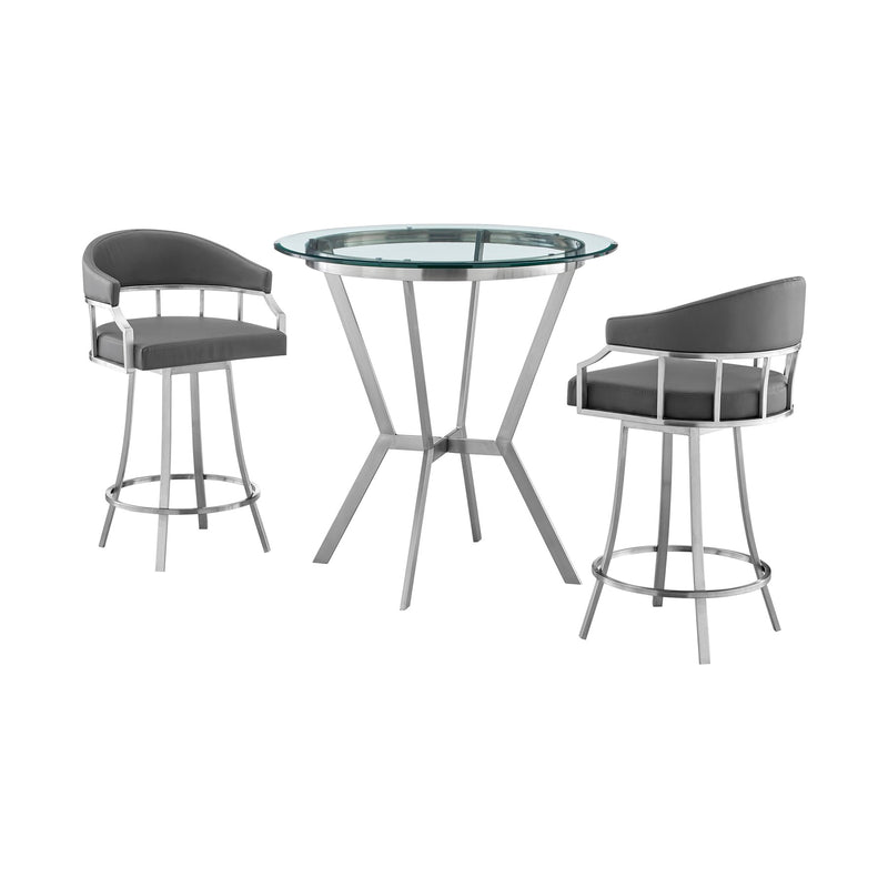 Naomi and Valerie 3-Piece Counter Height Dining Set in Brushed Stainless Steel and Gray Faux Leather - Furniture City (CA)l