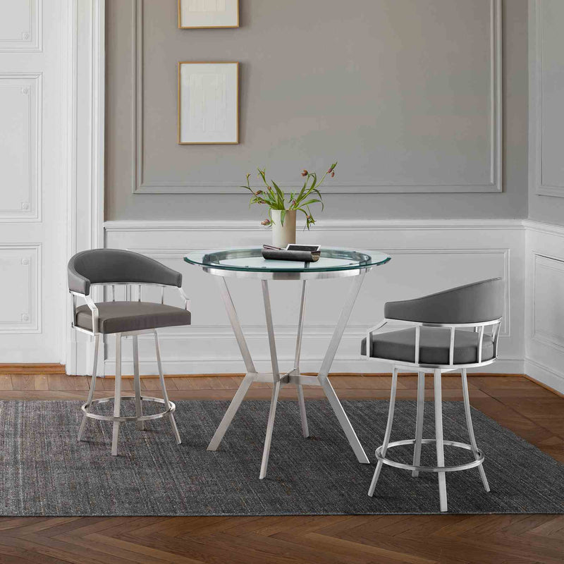 Naomi and Valerie 3-Piece Counter Height Dining Set in Brushed Stainless Steel and Gray Faux Leather - Furniture City (CA)l
