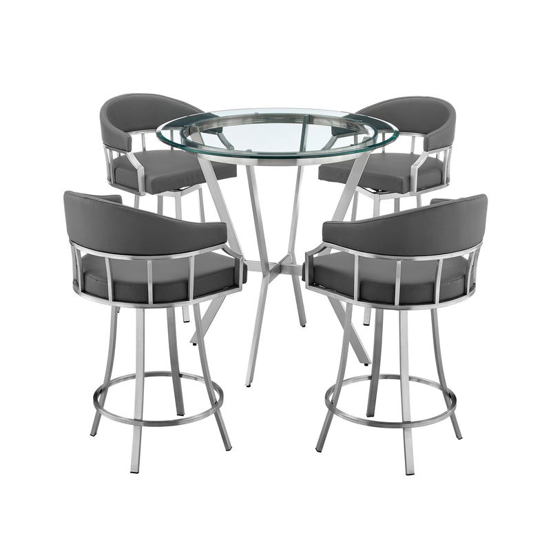 Naomi and Valerie 5-Piece Counter Height Dining Set in Brushed Stainless Steel and Gray Faux Leather - Furniture City (CA)l