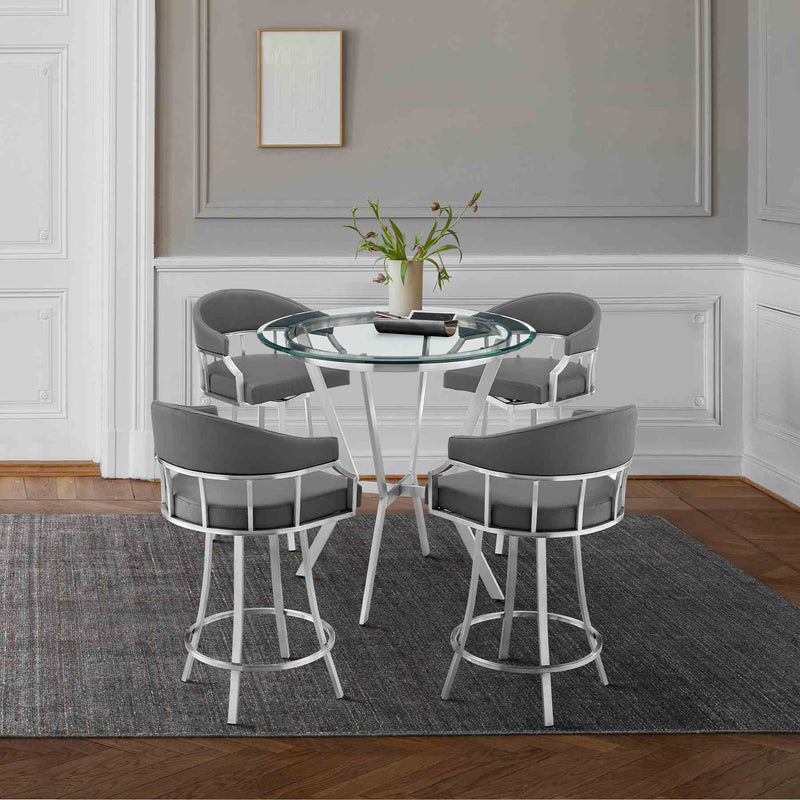 Naomi and Valerie 5-Piece Counter Height Dining Set in Brushed Stainless Steel and Gray Faux Leather - Furniture City (CA)l