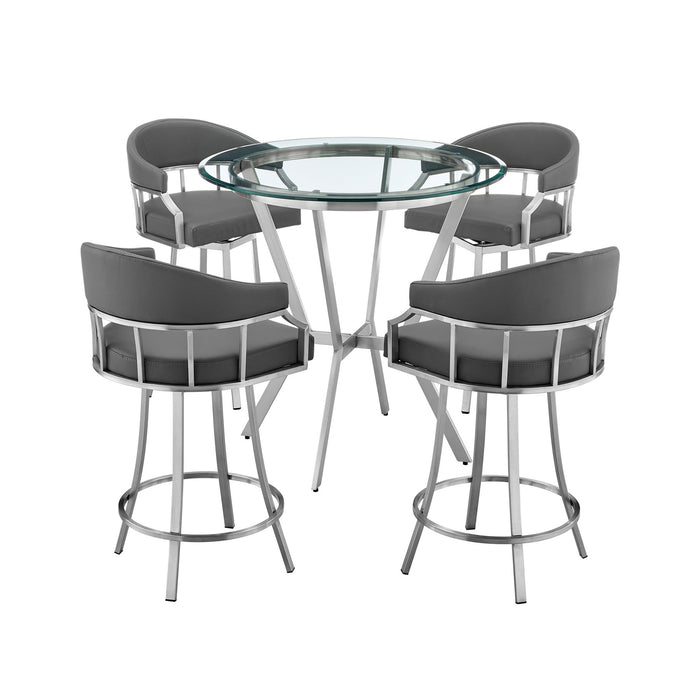 Naomi and Valerie 5-Piece Counter Height Dining Set in Brushed Stainless Steel and Gray Faux Leather