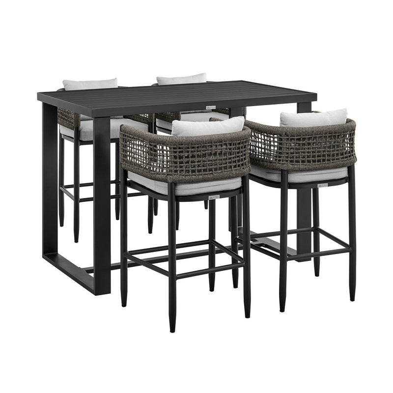 Alegria Outdoor Patio 5-Piece Bar Table Set in Aluminum with Gray Rope and Cushions - Furniture City (CA)l