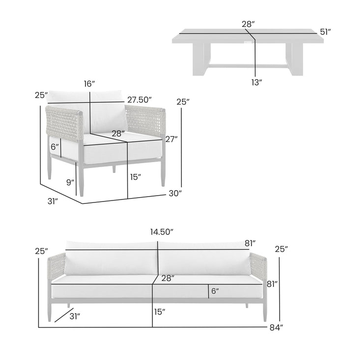 Alegria 4 Piece Outdoor Black Aluminum & Rope Conversation Set with Light Gray Fabric Cushions