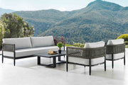 Alegria 4 Piece Outdoor Black Aluminum & Rope Conversation Set with Light Gray Fabric Cushions - Furniture City (CA)l
