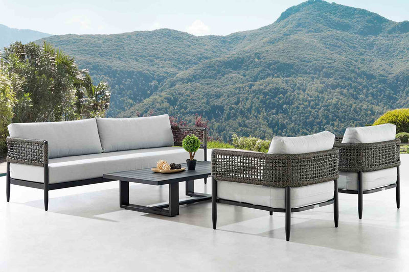 Alegria 4 Piece Outdoor Black Aluminum & Rope Conversation Set with Light Gray Fabric Cushions - Furniture City (CA)l