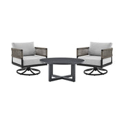 Alegria and Menorca 3 Piece Patio Outdoor Swivel Seating Set in Black Aluminum with Gray Rope and Cushions - Furniture City (CA)l