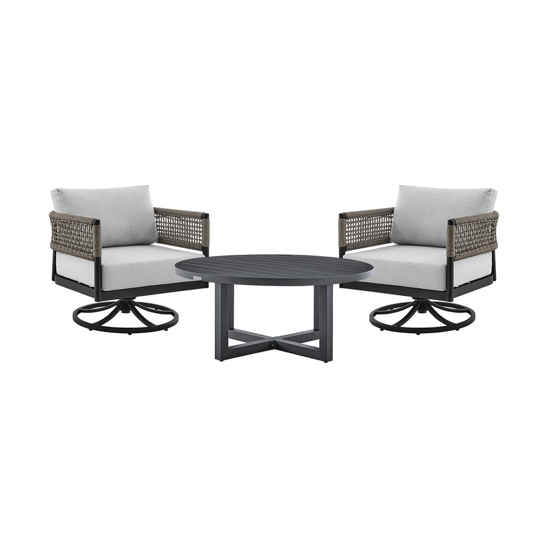 Alegria and Menorca 3 Piece Patio Outdoor Swivel Seating Set in Black Aluminum with Gray Rope and Cushions - Furniture City (CA)l