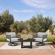 Alegria and Menorca 3 Piece Patio Outdoor Swivel Seating Set in Black Aluminum with Gray Rope and Cushions - Furniture City (CA)l