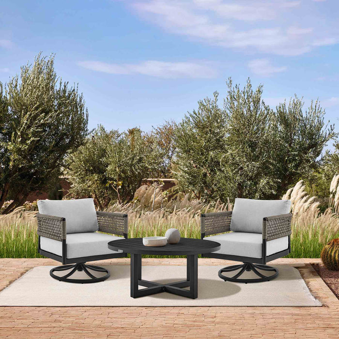 Alegria and Menorca 3 Piece Patio Outdoor Swivel Seating Set in Black Aluminum with Gray Rope and Cushions