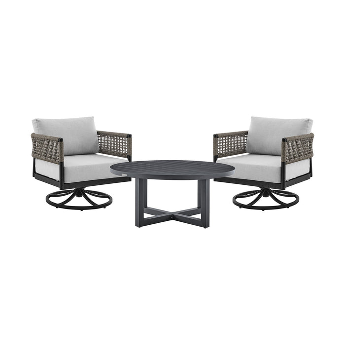 Alegria and Menorca 3 Piece Patio Outdoor Swivel Seating Set in Black Aluminum with Gray Rope and Cushions