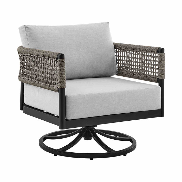 Alegria and Menorca 3 Piece Patio Outdoor Swivel Seating Set in Black Aluminum with Gray Rope and Cushions