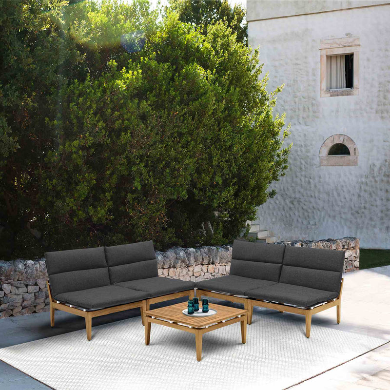 Arno Outdoor 5 Piece Teak Wood Seating Set in Charcoal Olefin - Furniture City (CA)l