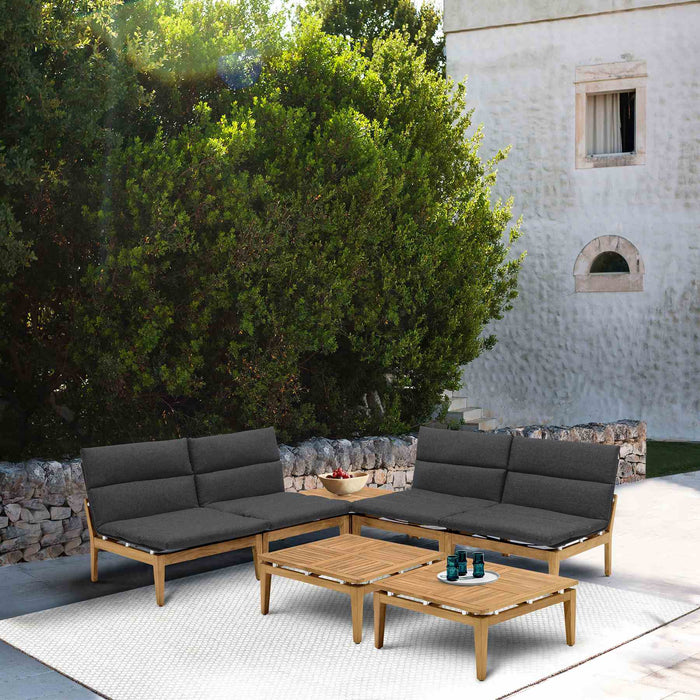 Arno Outdoor 7 Piece Teak Wood Seating Set in Charcoal Olefin