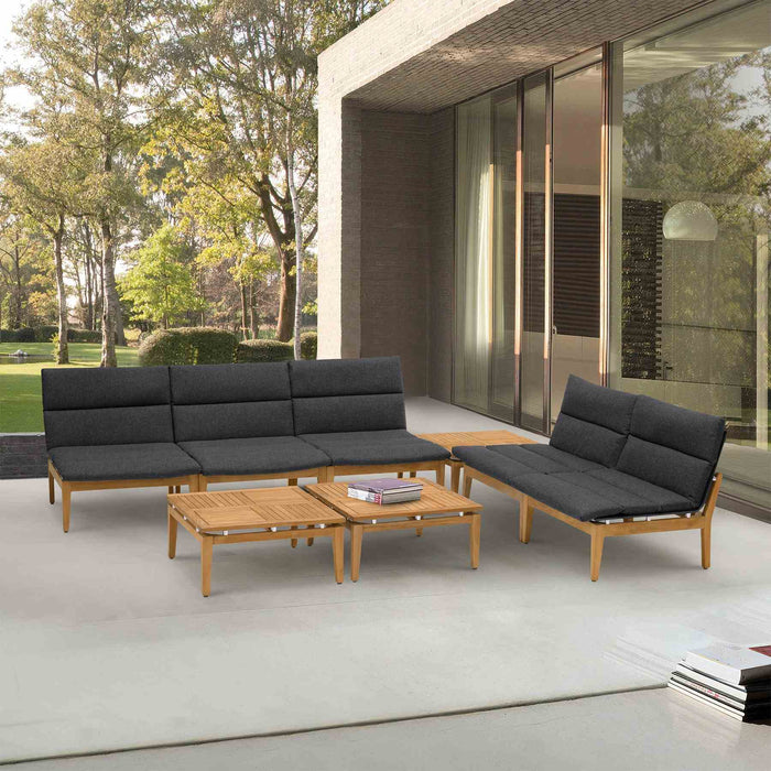 Arno Outdoor 8 Piece Teak Wood Seating Set in Charcoal Olefin