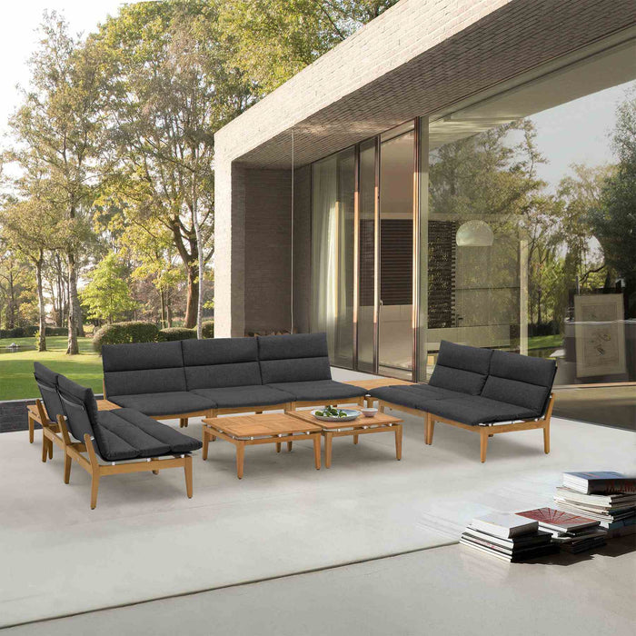Arno Outdoor 11 Piece Teak Wood Seating Set in Charcoal Olefin