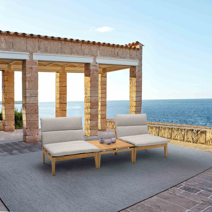 Arno Outdoor 3 Piece Teak Wood Seating Set in Beige Olefin