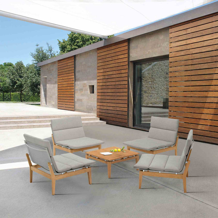 Arno Outdoor 5 Piece Teak Wood Seating Set in Beige Olefin