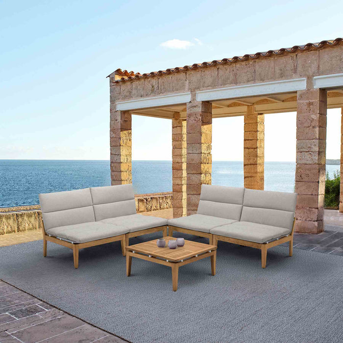 Arno Outdoor 5 Piece Teak Wood Seating Set in Beige Olefin