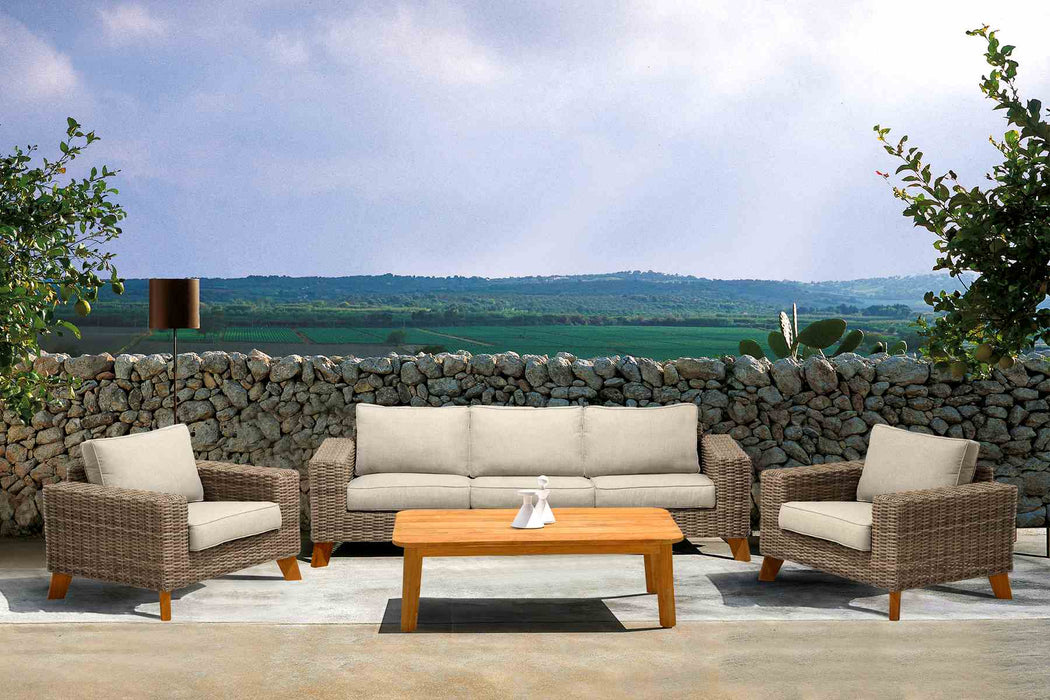 Bahamas Outdoor 4 Piece Wicker & Teak Sofa Seating Set with Beige Olefin