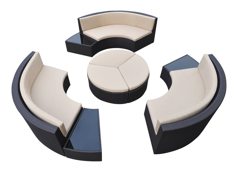 Barbados 9 piece Wicker Outdoor Patio Set in Black Powder Coated Finish with Water Resistant Beige Fabric Cushions