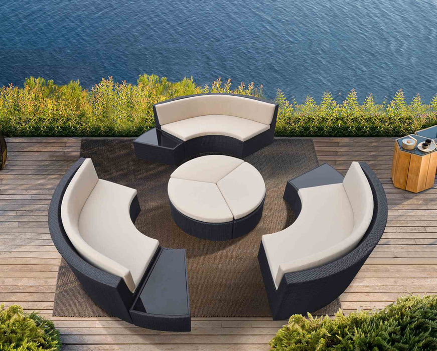 Barbados 9 piece Wicker Outdoor Patio Set in Black Powder Coated Finish with Water Resistant Beige Fabric Cushions