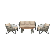 Benicia Outdoor Patio 4 Piece Conversation Set in Weathered Eucalyptus Wood and Metal with Gray Rope and Taupe Cushions - Furniture City (CA)l