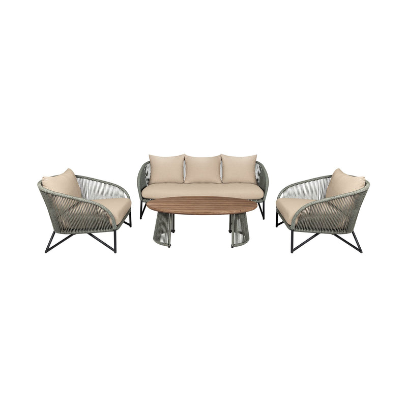 Benicia Outdoor Patio 4 Piece Conversation Set in Weathered Eucalyptus Wood and Metal with Gray Rope and Taupe Cushions - Furniture City (CA)l