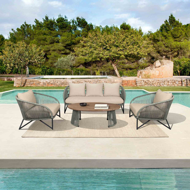 Benicia Outdoor Patio 4 Piece Conversation Set in Weathered Eucalyptus Wood and Metal with Gray Rope and Taupe Cushions - Furniture City (CA)l