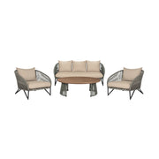Benicia Outdoor Patio 4 Piece Conversation Set in Weathered Eucalyptus Wood and Metal with Gray Rope and Taupe Cushions - Furniture City (CA)l