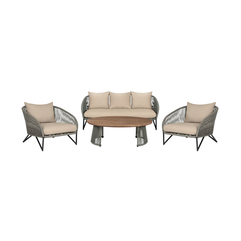 Benicia Outdoor Patio 4 Piece Conversation Set in Weathered Eucalyptus Wood and Metal with Gray Rope and Taupe Cushions - Furniture City (CA)l