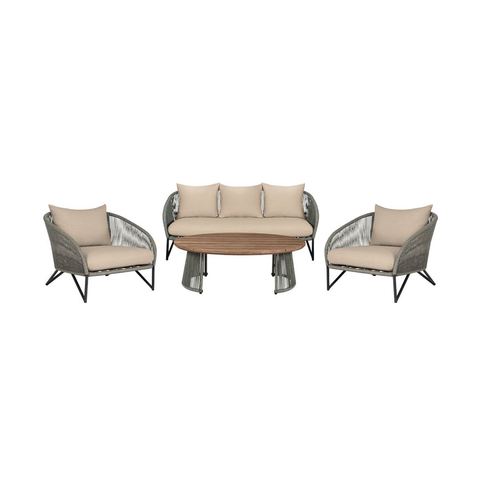 Benicia Outdoor Patio 4 Piece Conversation Set in Weathered Eucalyptus Wood and Metal with Gray Rope and Taupe Cushions