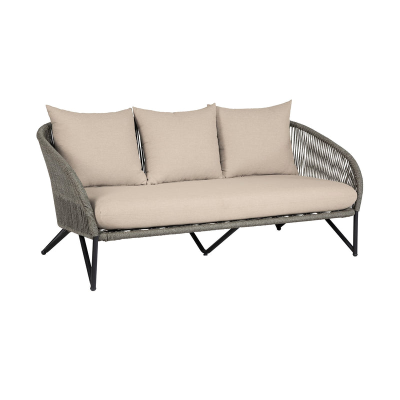 Benicia Outdoor Patio 4 Piece Conversation Set in Weathered Eucalyptus Wood and Metal with Gray Rope and Taupe Cushions - Furniture City (CA)l