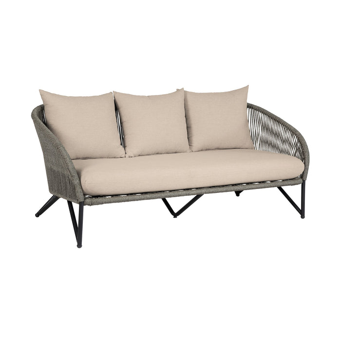 Benicia Outdoor Patio 4 Piece Conversation Set in Weathered Eucalyptus Wood and Metal with Gray Rope and Taupe Cushions