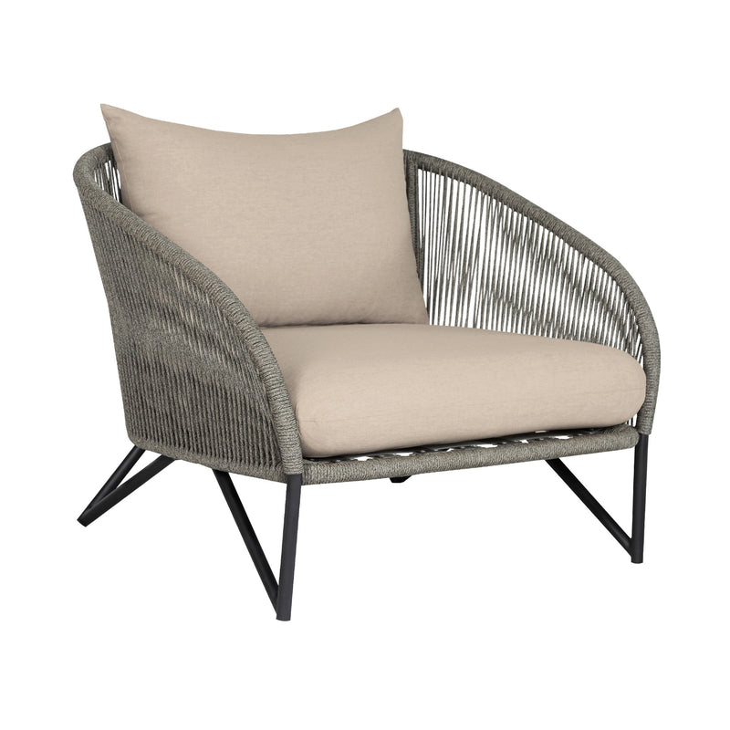Benicia Outdoor Patio 4 Piece Conversation Set in Weathered Eucalyptus Wood and Metal with Gray Rope and Taupe Cushions - Furniture City (CA)l
