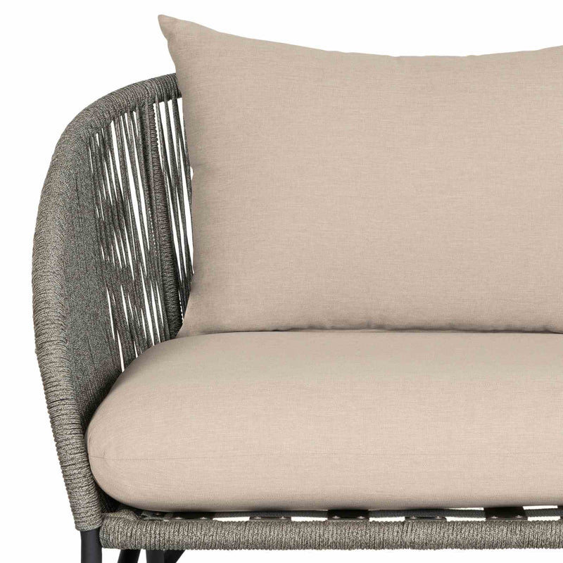 Benicia Outdoor Patio 4 Piece Conversation Set in Weathered Eucalyptus Wood and Metal with Gray Rope and Taupe Cushions - Furniture City (CA)l