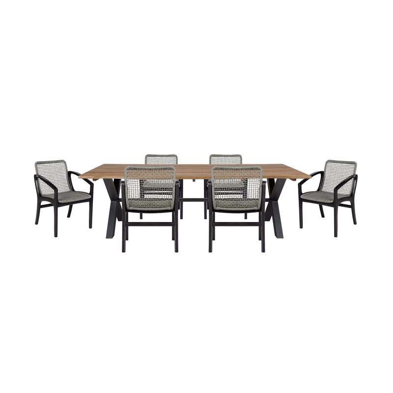 Glendora Beckham Outdoor Patio 7 Piece Live Edge Dining Set in Eucalyptus Wood and Gray Rope - Furniture City (CA)l