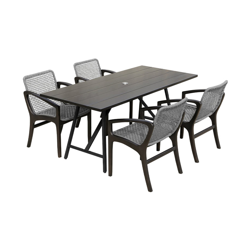Frinton and Beckham 5 Piece Outdoor Patio Dining Set in Dark Eucalyptus Wood and Gray Rope - Furniture City (CA)l