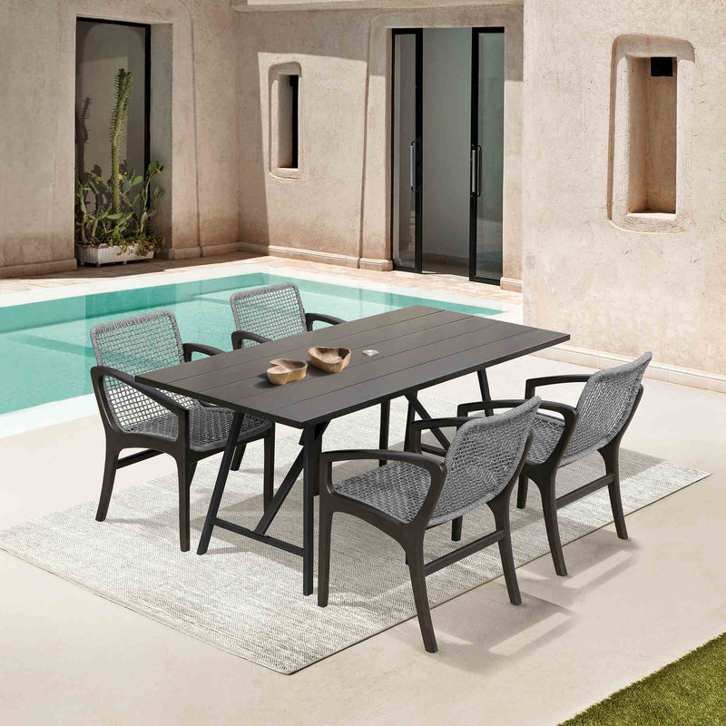 Frinton and Beckham 5 Piece Outdoor Patio Dining Set in Dark Eucalyptus Wood and Gray Rope - Furniture City (CA)l