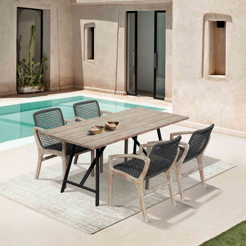 Frinton and Beckham 5 Piece Outdoor Patio Dining Set in Light Eucalyptus Wood and Charcoal Rope - Furniture City (CA)l