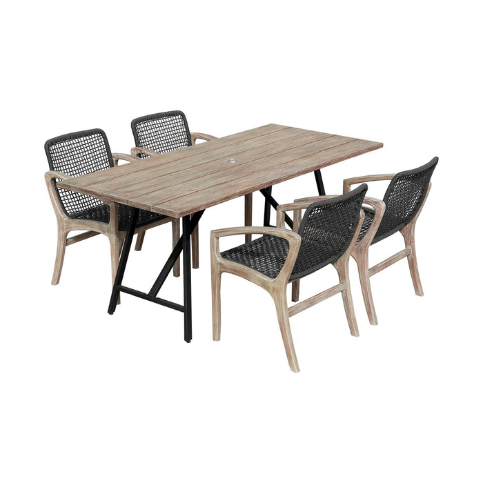 Frinton and Beckham 5 Piece Outdoor Patio Dining Set in Light Eucalyptus Wood and Charcoal Rope