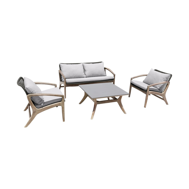 Beckham 4 Piece Outdoor Patio Seating Set in Light Eucalyptus Wood with Charcoal Rope and White Cushions - Furniture City (CA)l