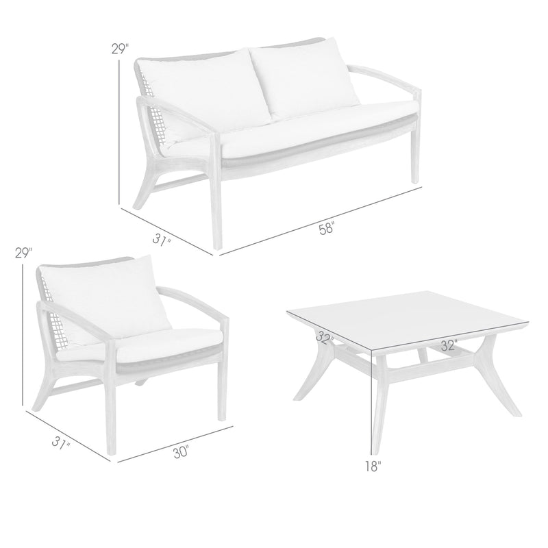 Beckham 4 Piece Outdoor Patio Seating Set in Light Eucalyptus Wood with Charcoal Rope and White Cushions - Furniture City (CA)l