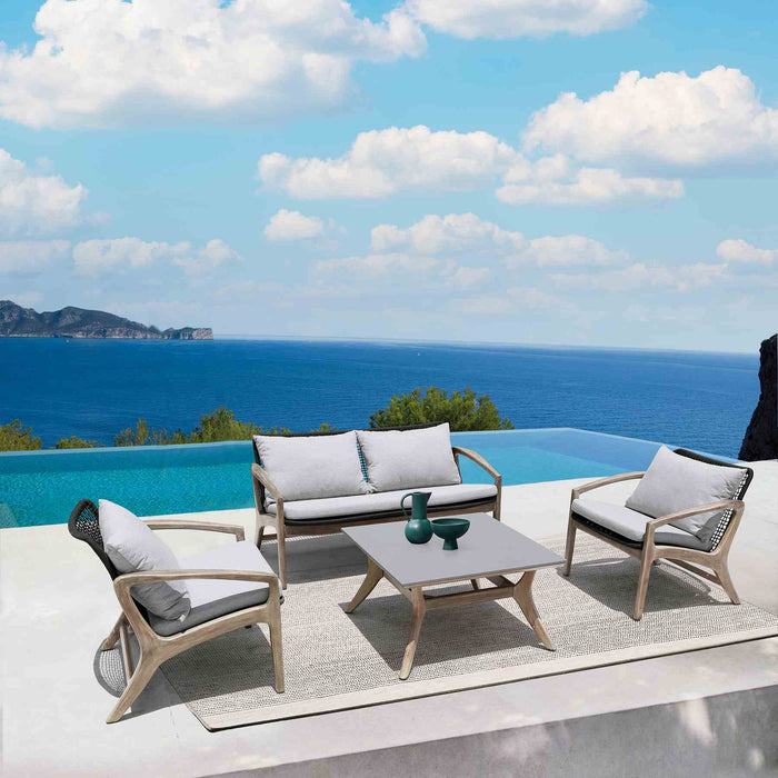 Beckham 4 Piece Outdoor Patio Seating Set in Light Eucalyptus Wood with Charcoal Rope and White Cushions