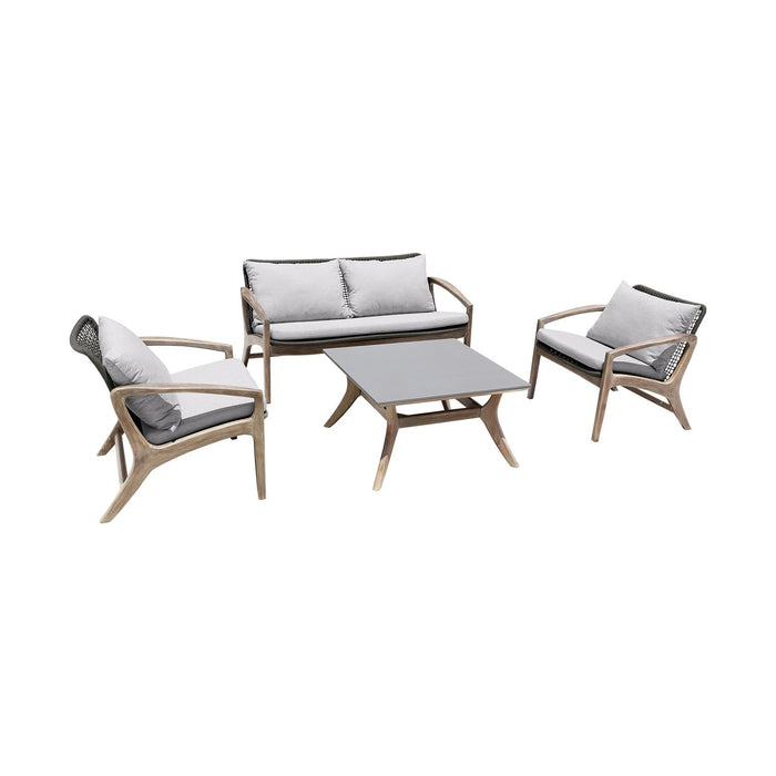 Beckham 4 Piece Outdoor Patio Seating Set in Light Eucalyptus Wood with Charcoal Rope and White Cushions