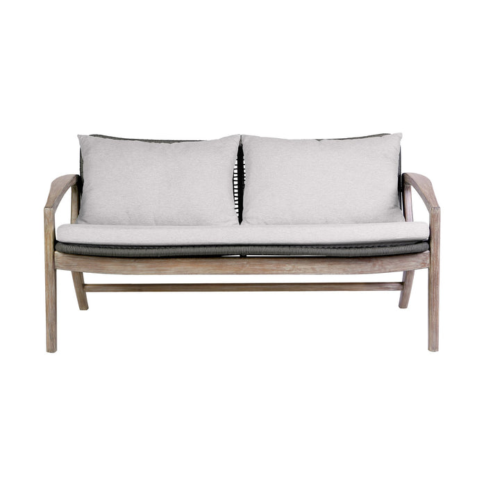 Beckham 4 Piece Outdoor Patio Seating Set in Light Eucalyptus Wood with Charcoal Rope and White Cushions