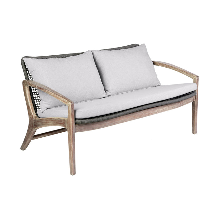 Beckham 4 Piece Outdoor Patio Seating Set in Light Eucalyptus Wood with Charcoal Rope and White Cushions