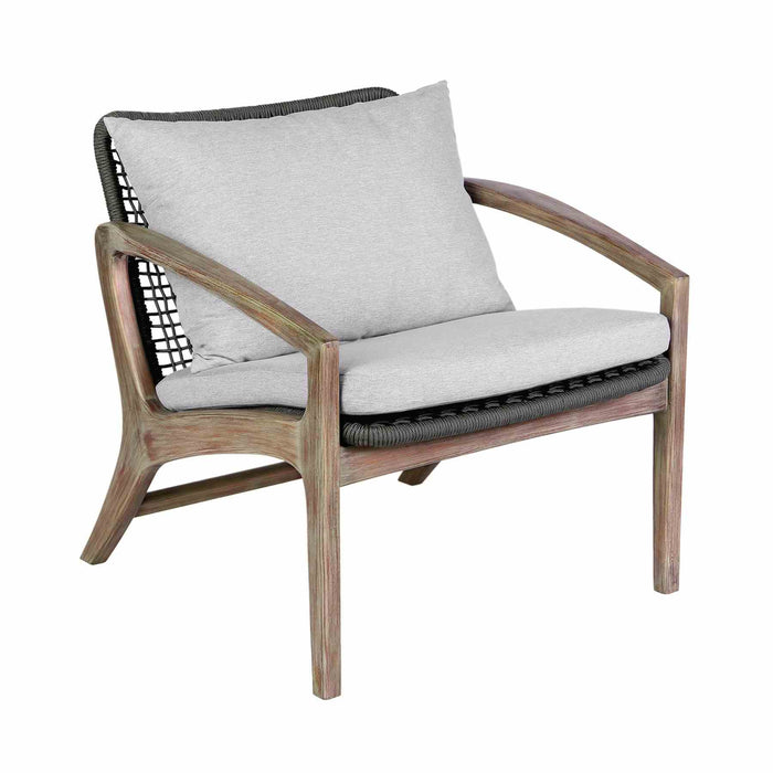 Beckham 4 Piece Outdoor Patio Seating Set in Light Eucalyptus Wood with Charcoal Rope and White Cushions