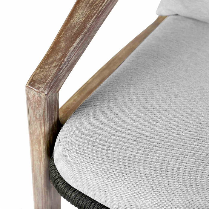 Beckham 4 Piece Outdoor Patio Seating Set in Light Eucalyptus Wood with Charcoal Rope and White Cushions