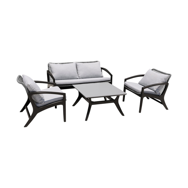 Beckham 4 Piece Outdoor Patio Seating Set in Dark Eucalyptus Wood with Gray Rope and White Cushions - Furniture City (CA)l